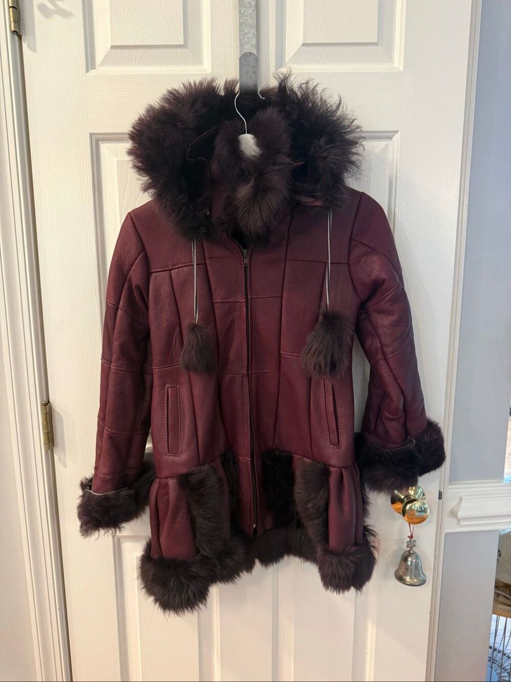 Handmade Girls Burgundy Leather & Fur Hooded Coat sz 12 EUC